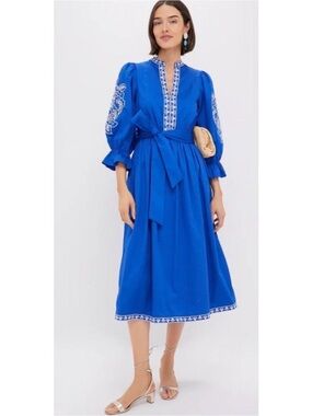 Hyacinth House Royal Blue white Embroidered Midi Dress - Size XXL - Like New